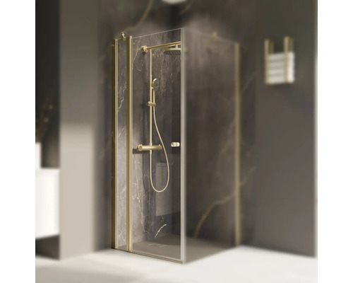 Duschtür für Seitenwand mit Drehtür mit Festteil BREUER Elana 2.0 rund 90 cm Profil gold Klarglas Türanschlag links