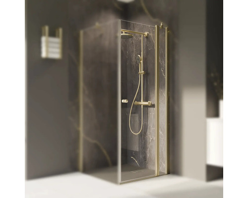 Duschtür für Seitenwand mit Drehtür mit Festteil BREUER Elana 2.0 rund 90 cm Profil gold Klarglas Türanschlag rechts