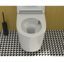 Toilette mit Toilettenbürste auf schwarz-weiß gemustertem Boden