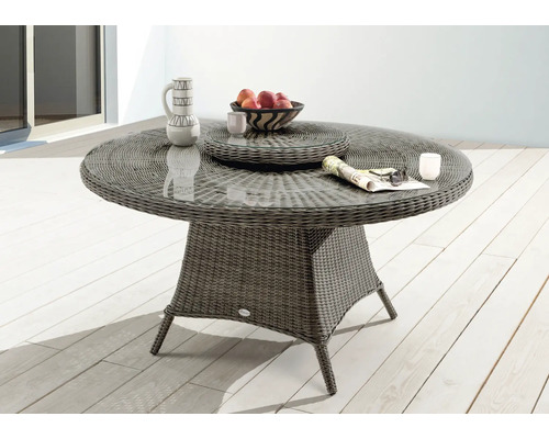 Runder Gartentisch aus Rattan mit Glasplatte, Geschirr und Obstschale