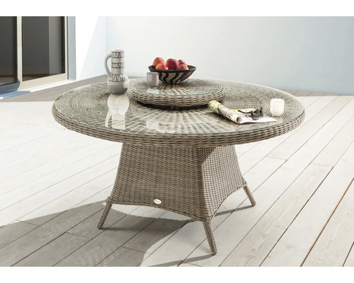 Runder Gartentisch mit Glasplatte und Rattangeflecht