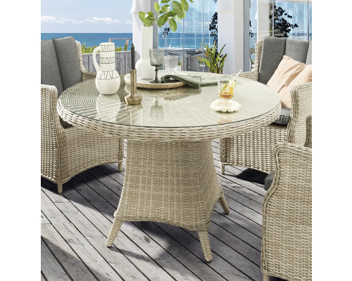 Runder Gartentisch mit Glasplatte und Rattanbasis mit passenden Stühlen