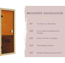 Elementsauna Karibu Arvika ohne Ofen und Dachkranz mit bronzierter Ganzglastüre