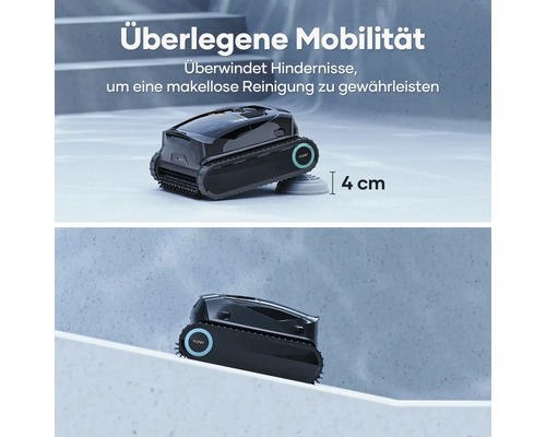 Schwarzer Poolreinigungsroboter, der Hindernisse überwindet