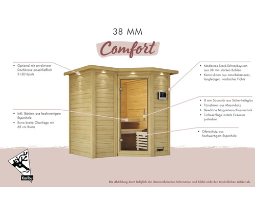 Karibu Comfort Sauna 38 Millimeter aus nordischer Fichte mit Glastür