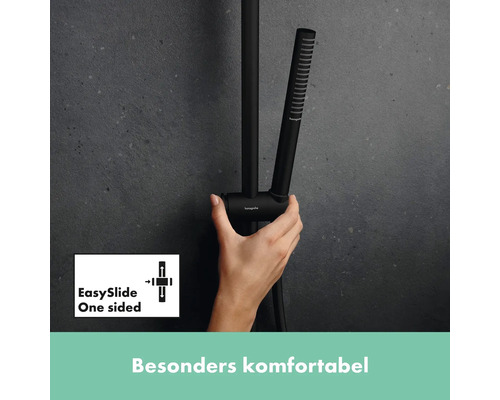 Hand, die eine schwarze Duschstange mit EasySlide Funktion bedient