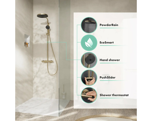 Duschsystem mit Kopfbrause, Handbrause, Brauseschlauch und Thermostatarmatur im modernen Badezimmer