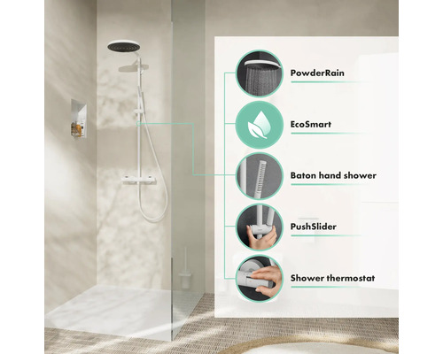 Duschsystem mit PowderRain, EcoSmart, Baton Handbrause, PushSlider und Duschthermostat in einem Badezimmer