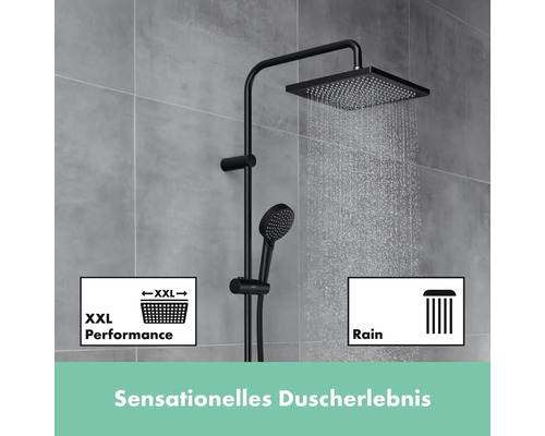 Duschsystem mit Kopf- und Handbrause in Schwarz mit Regeneffekt