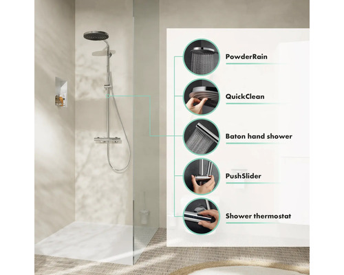 Duschsystem mit PowderRain, QuickClean, Baton Handbrause, PushSlider und Duschthermostat in einer Duschkabine