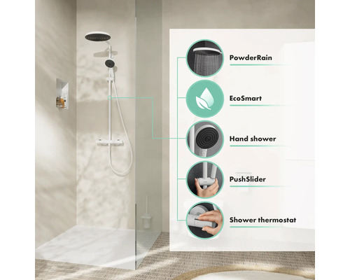 Duschsystem mit Kopfbrause, Handbrause, Thermostat und EcoSmart Funktion in einem Badezimmer
