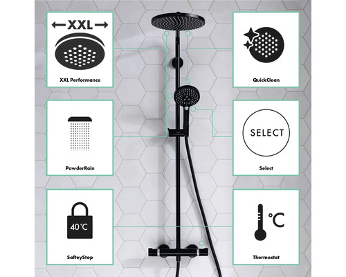 Duschsystem mit XXL Performance, QuickClean, PowderRain, Select Funktion, SafetyStop bei 40 Grad und Thermostat