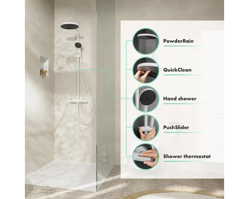 Duschsystem mit Kopfbrause, Handbrause, QuickClean Funktion, PushSlider und Duschthermostat