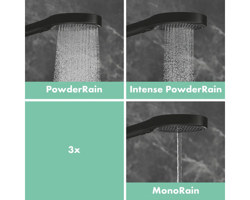 Brausekopf mit drei Strahlarten: PowderRain, Intense PowderRain und MonoRain