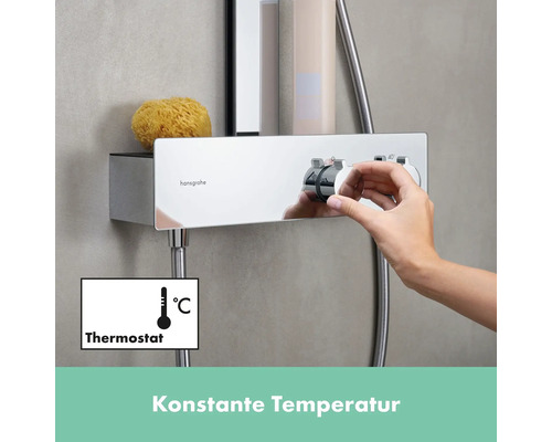 Hansgrohe Duschsystem mit Thermostat und Ablage, Bedienung durch eine Hand