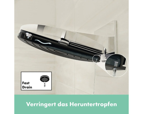 Grafische Darstellung einer Duschkopffunktion mit Schnellentleerung zur Reduzierung des Nachtropfens.