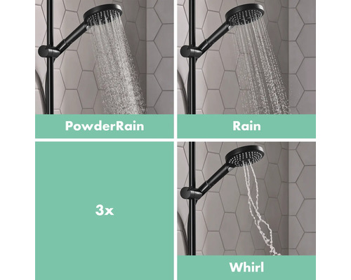Brausekopf mit drei Strahlarten: PowderRain, Rain und Whirl