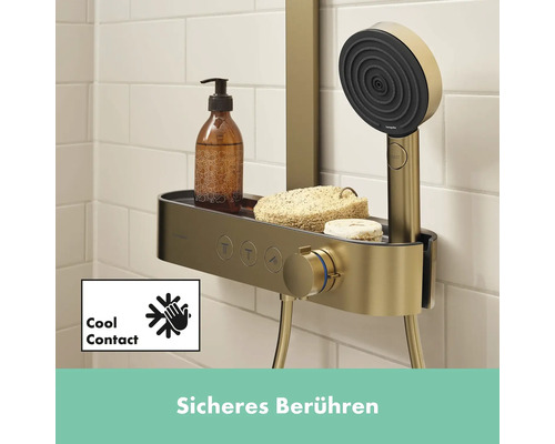 Brausegarnitur mit Ablage und Cool Contact Funktion im Badezimmer.