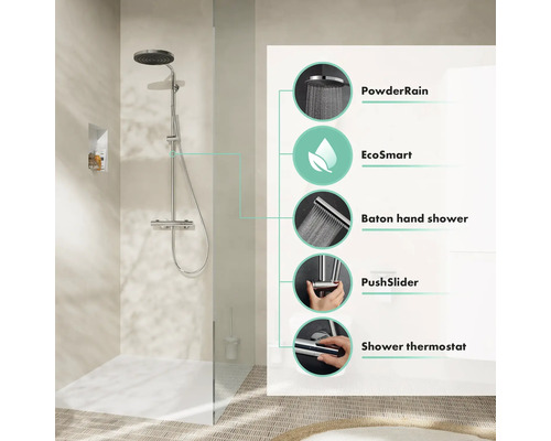 Duschsystem mit Kopfbrause, Handbrause, Thermostat und den Symbolen PowderRain, EcoSmart, Baton Handbrause, PushSlider und Duschthermostat
