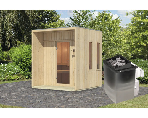 Außensauna aus Holz mit Glastür und Saunaofen