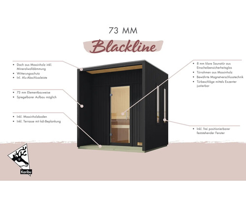 Karibu Blackline Elementsauna mit Massivholzdach, Mineralwolldämmung, Wetterschutz, Aluminiumabschlussleiste, Massivholzboden, Terrasse, 8 Millimeter Saunatür aus Einscheibensicherheitsglas und Fenster