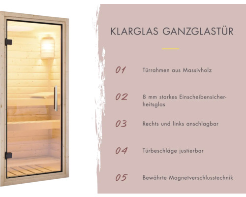 Glastür mit massivem Holzrahmen für Sauna.