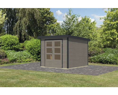 Gartenhaus aus Holz mit Doppeltür und Flachdach im Garten.