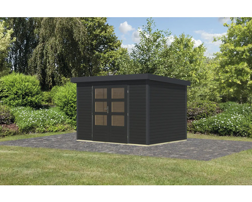 Gartenhaus aus Holz mit Doppeltür und Flachdach im Garten.