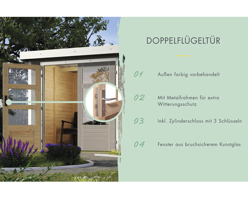 Doppeltür für Gartenhaus mit Metallrahmen und Zylinderschloss