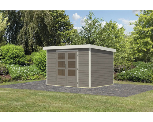 Gartenhaus aus Holz mit Doppeltür auf Rasenfläche