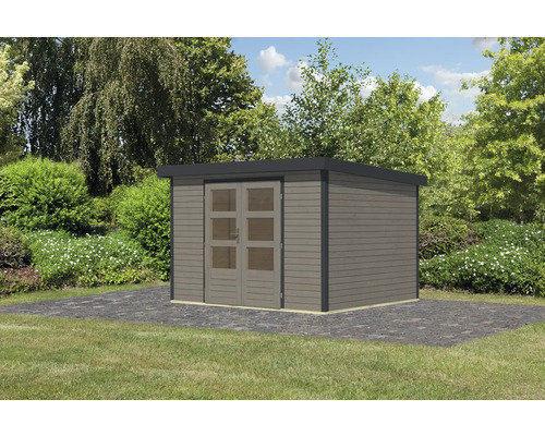 Gartenhaus aus Holz mit Doppeltür im Außenbereich