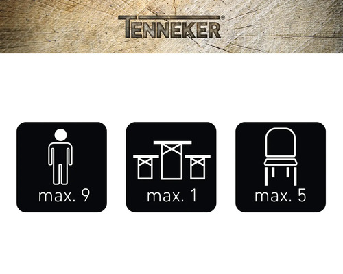 Tenneker Logo. Maximale Anzahl Personen: neun. Maximale Anzahl Tische: eins. Maximale Anzahl Stühle: fünf.