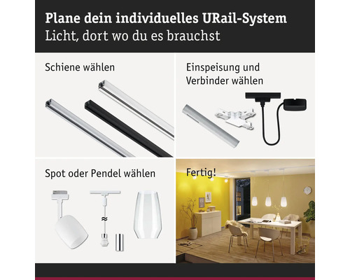 Planung eines individuellen URail-Systems: Auswahl von Schienen, Einspeisung, Verbindern sowie Spots oder Pendelleuchten.