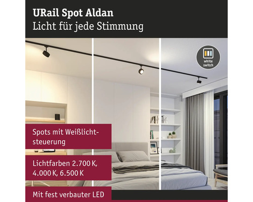 URail Spot Aldan Beleuchtungssystem mit verschiedenen Lichtszenen in einem Schlafzimmer