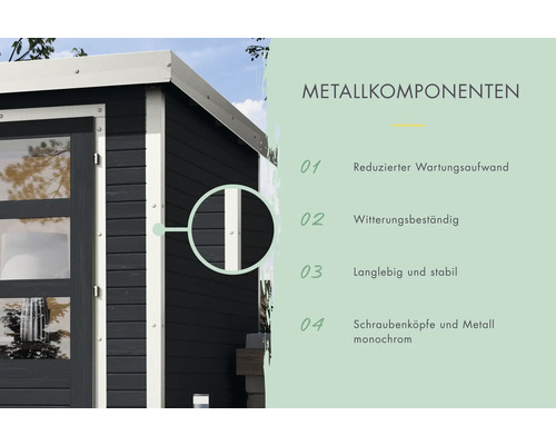 Detailansicht eines Gartenhauses mit Fokus auf Metallkomponenten und deren Vorteile