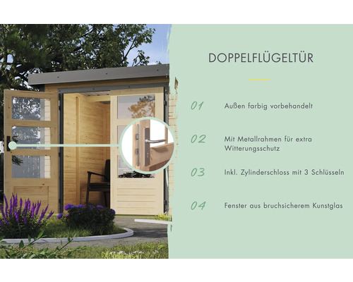 Doppelflügeltür mit Metallrahmen, Zylinderschloss und Fenstern aus bruchsicherem Kunststoffglas