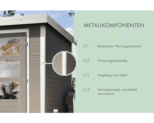 Informationen zu Metallkomponenten eines Gartenhauses: reduzierter Wartungsaufwand, witterungsbeständig, langlebig und stabil, Schraubenköpfe und Metall monochrom