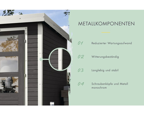 Informationen zu Metallkomponenten an einem Gartenhaus: reduzierter Wartungsaufwand, witterungsbeständig, langlebig und stabil, monochrome Schraubenköpfe und Metallelemente.