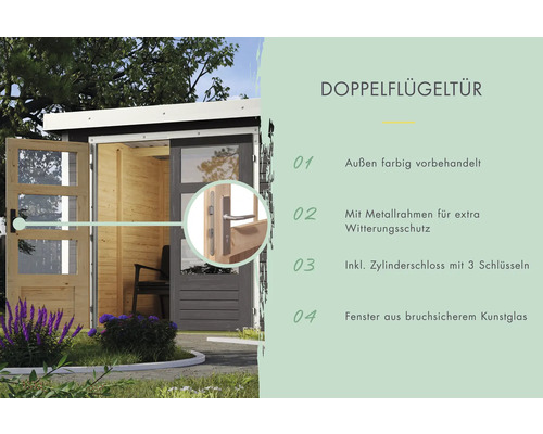 Doppelflügeltür mit Fenster aus bruchsicherem Glas und Metallrahmen für zusätzlichen Wetterschutz