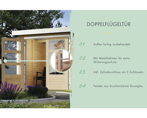 Doppelflügeltür mit Metallrahmen, Zylinderschloss und Kunstglasfenstern für Gartenhaus