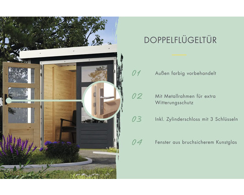 Doppelflügeltür für Gartenhaus mit Fenster aus Sicherheitsglas und Metallrahmen