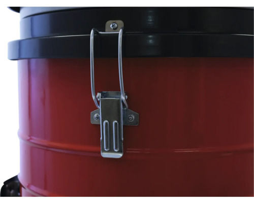 Detailansicht eines roten Aschesaugeimer mit Verschlussmechanismus