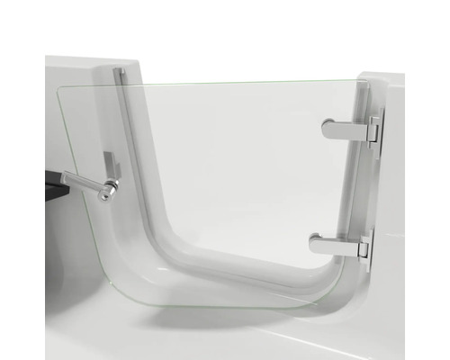 Badewanne mit Glastür und verchromten Griffen