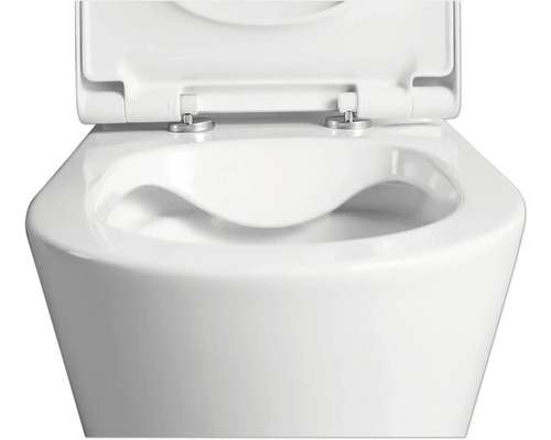Weiße Hänge-Toilette mit geöffnetem Deckel