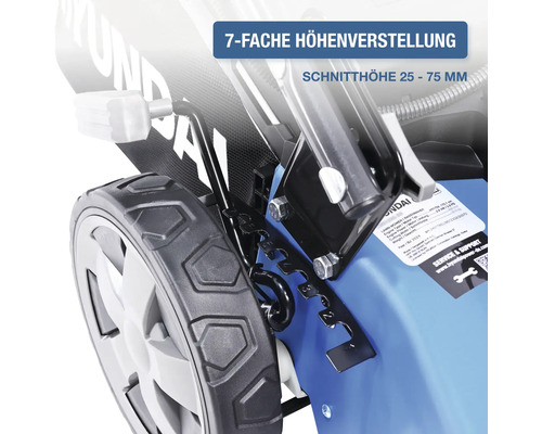 Detailansicht eines Rasenmähers mit siebenfacher Höhenverstellung und einer Schnitthöhe von 25 bis 75 Millimeter.