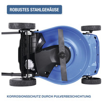 Unterseite eines Rasenmähers mit Stahlgehäuse und Pulverbeschichtung zum Schutz vor Korrosion