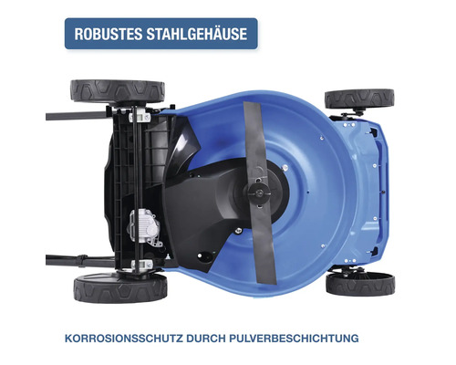 Unterseite eines Rasenmähers mit Stahlgehäuse und Pulverbeschichtung zum Schutz vor Korrosion