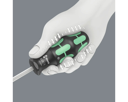 Ein Schraubendreher der Marke Wera wird von einer Hand gehalten, um die Kraftübertragung zu demonstrieren.