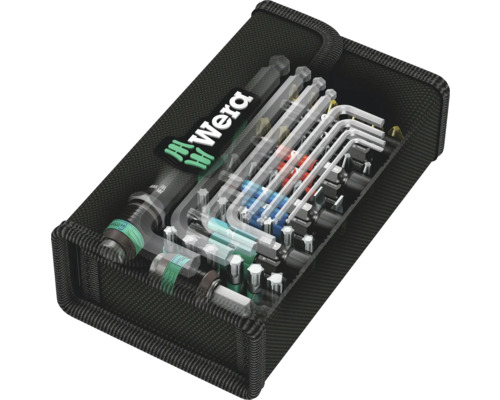 Wera Logo Werkzeugsatz mit verschiedenen Schraubendrehern und Bits in einer Textiltasche