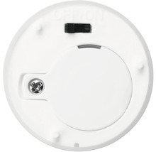 Unterseite einer runden LED-Leuchte mit Batteriefach und Schalter